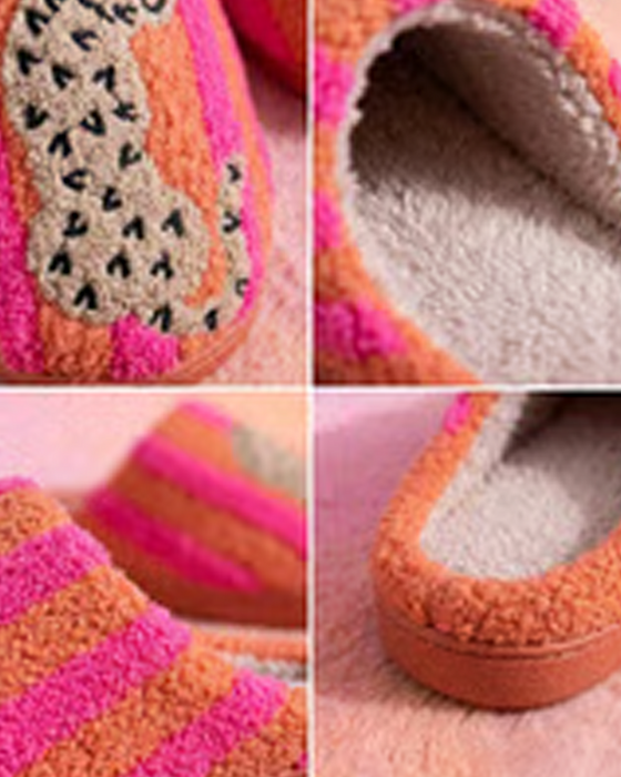 Damen Retro Gestreift & Leopard Flauschige Pantoffeln