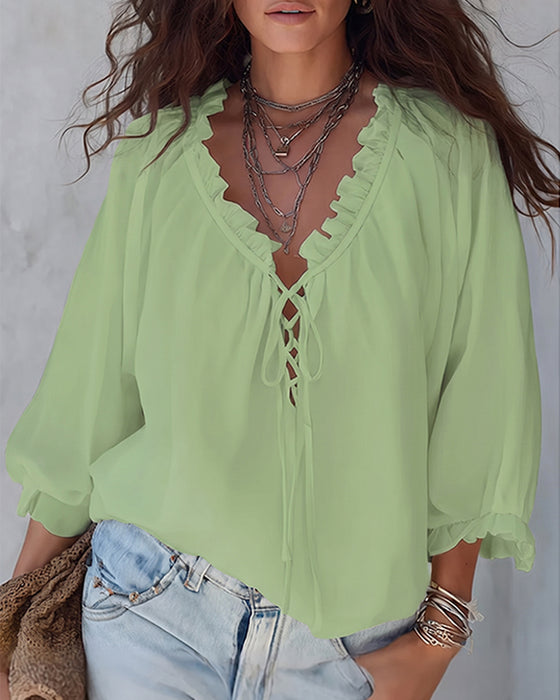 Blouse Col V Lacets