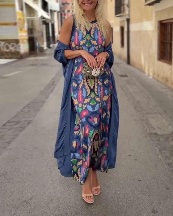 Ensemble Robe Longue Sans Manches Avec Long Cardigan