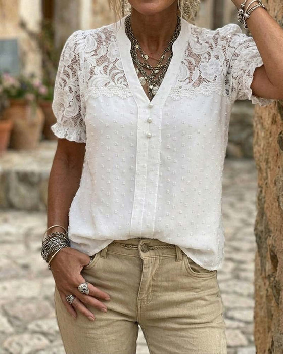 Chemisier Dentelle Patchwork Manche Bouffante Col V