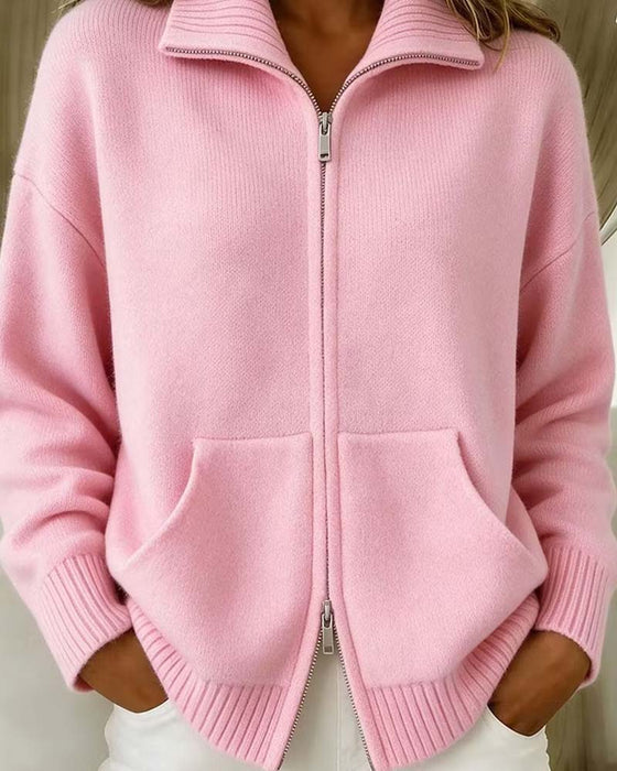 Cardigan Revers Fermeture Éclair Uni