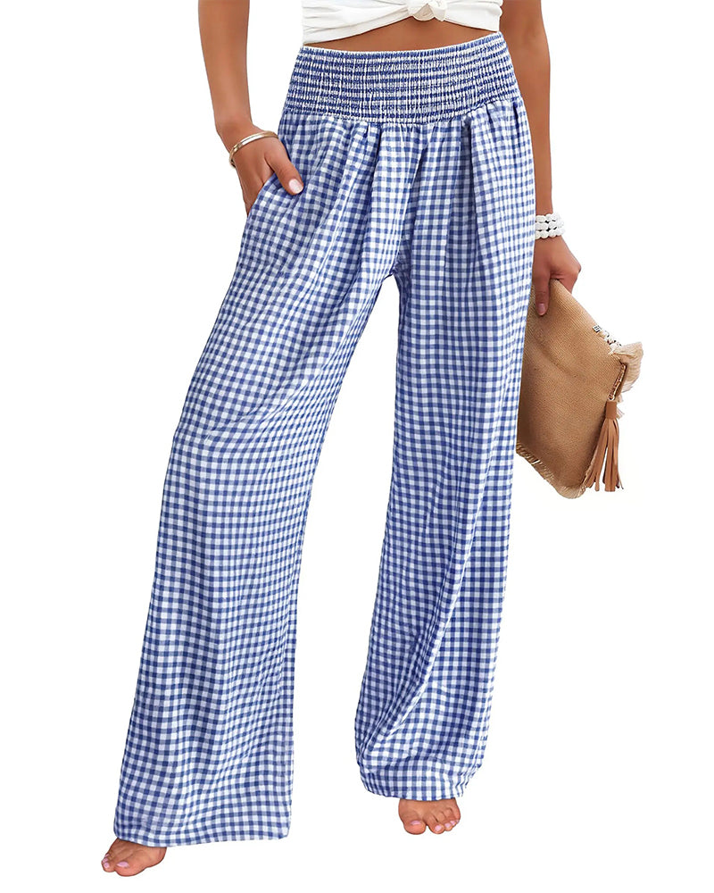 Pantalon Taille Haute À Carreaux Large Jambe
