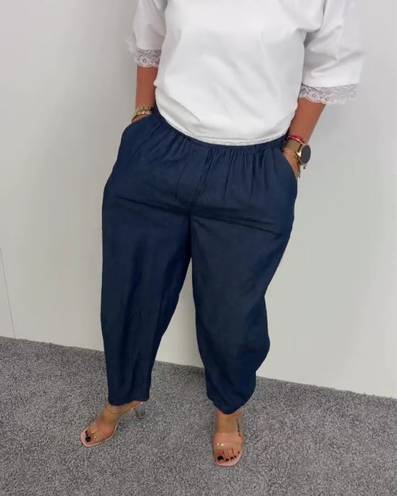 Pantalon Élégant Poche Denim Long
