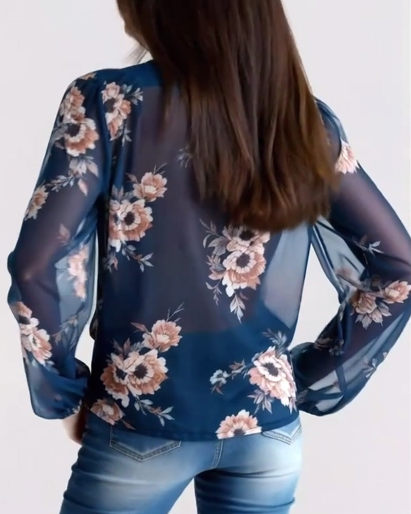 Blouse imprimée tendance à col en V et manches longues