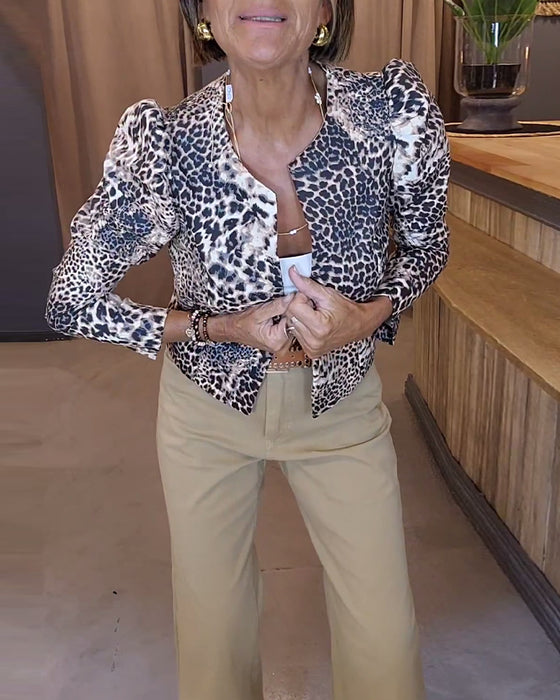 Veste décontractée à manches bouffantes et imprimé léopard