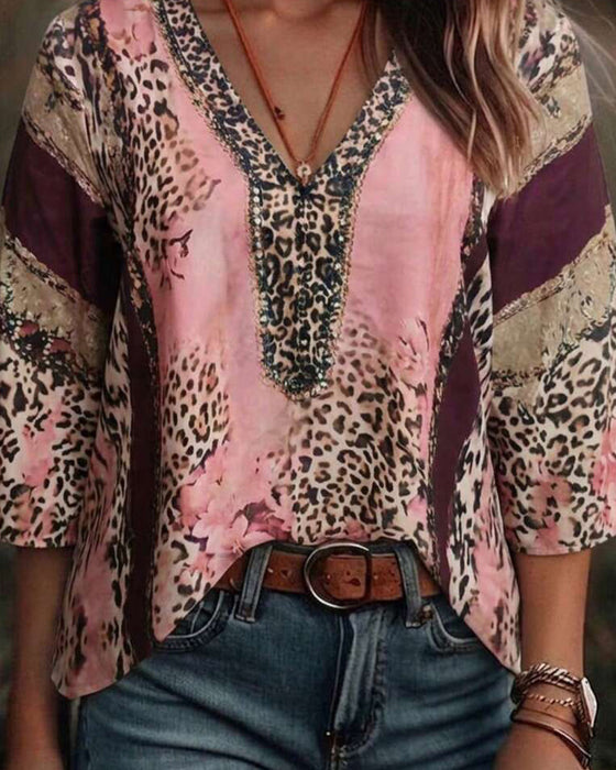 Blouse Col V Léopard Bloc De Couleur