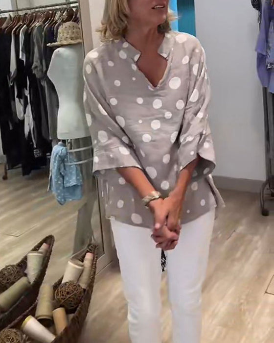 Blouse Col En V À Pois Manches Mi-Longues