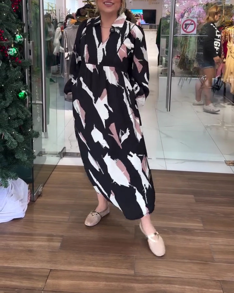 Robe Col V Imprimée Manches Longues