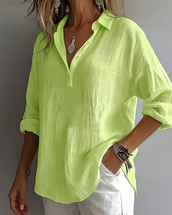 Blouse Unie Col Patte Demi-Patron Manches Longues