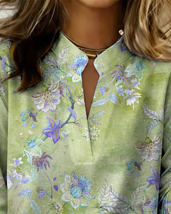 Blouse Col Monté Manches Longues Fleuri