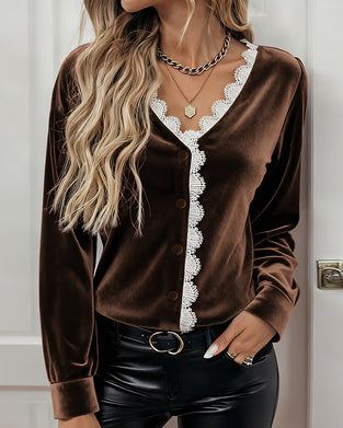 Top Avec Détail de Panneau de Dentelle, Design à Col V Et Style Féminin