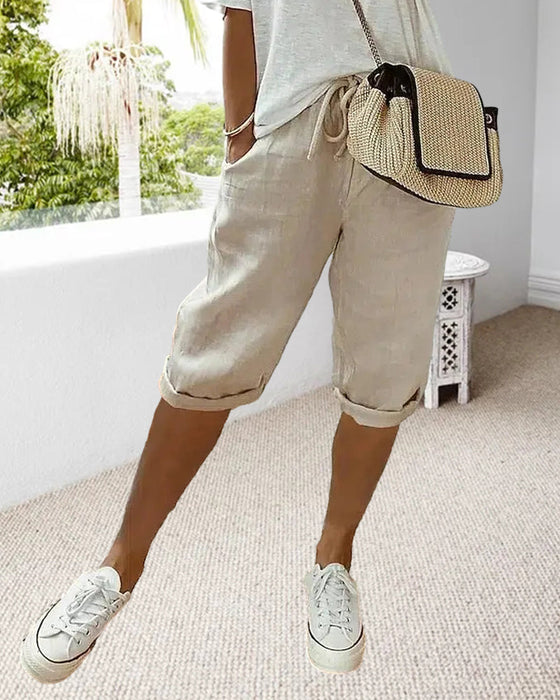 Pantalon confortable avec cordon de serrage de couleur unie