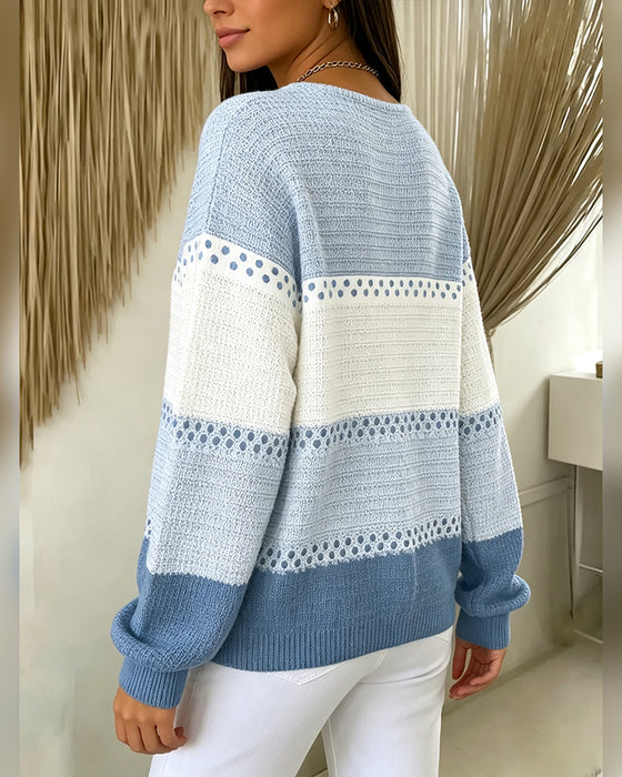 Sweatshirt Bloc De Couleur Tricot Gaufré Henley Pullover