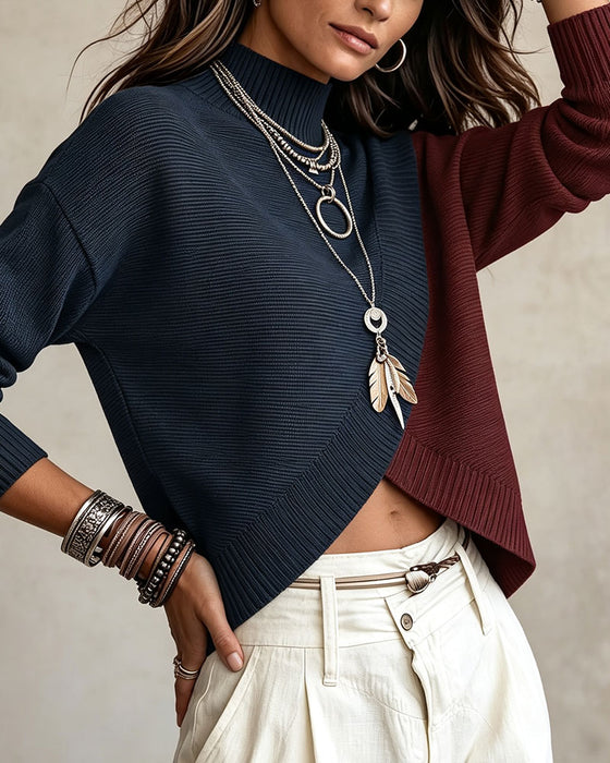 Pull Col Roulé Couleur Contrastante Manches Longues