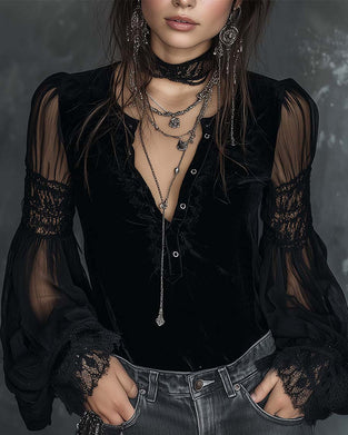 Blouse Boutonnée V-Col Manche Bouffante