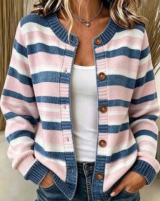 Cardigan Rayé Col Rond Simple Boutonnage