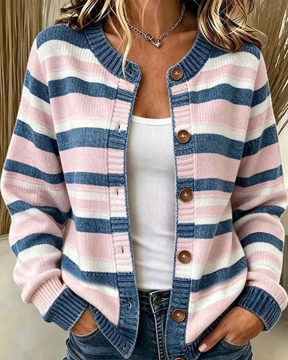 Cardigan Rayé Col Rond Simple Boutonnage