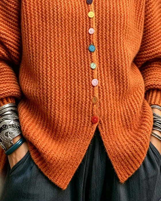 Pullover Couleur Bouton Volant Garniture Tricoté