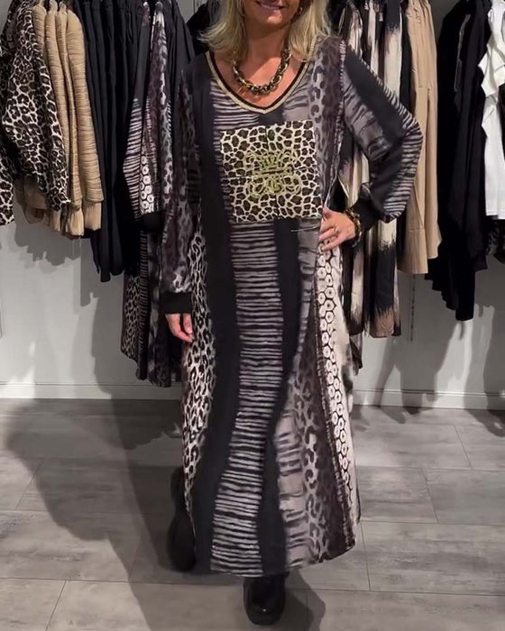 Robe décontractée col V imprimé léopard