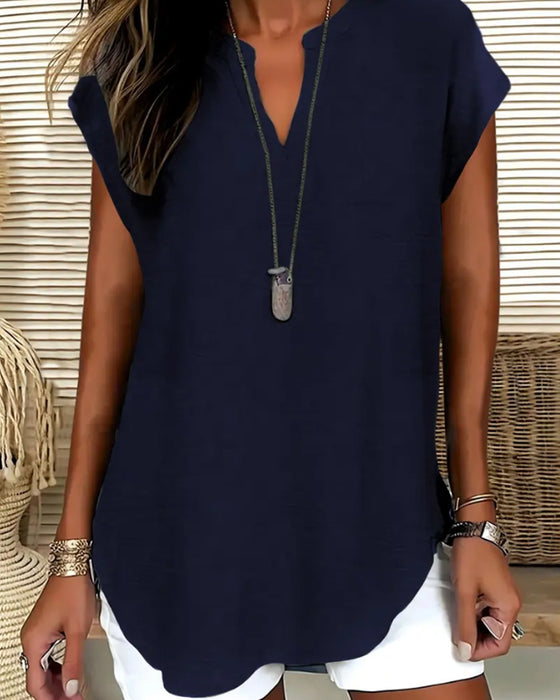 Blouse Décontractée Épaule Descendue Col En V Manches Courtes