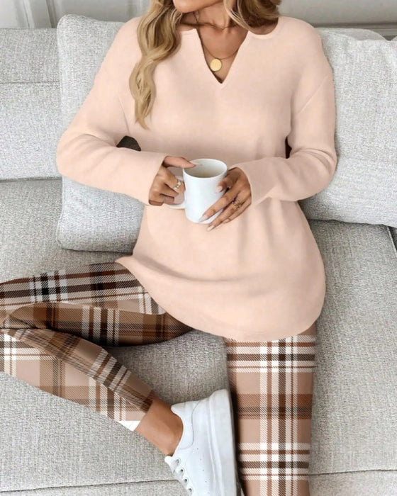 Ensemble Col V Haut Unie + Pantalon Carreau Loungewear