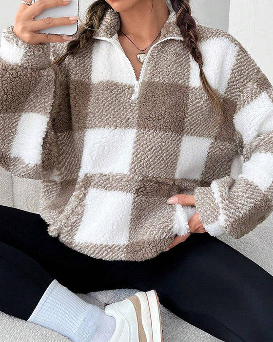 Sweat-Shirt Demi-Zip Col Montant À Carreaux