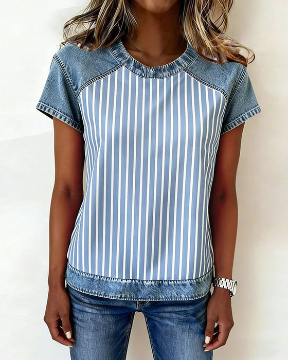T-Shirt Denim Patchwork Rayé Manche Courte
