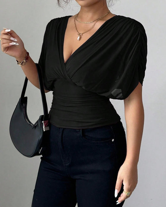 Blouse Unie Profond Col En V Taille Manches Courtes