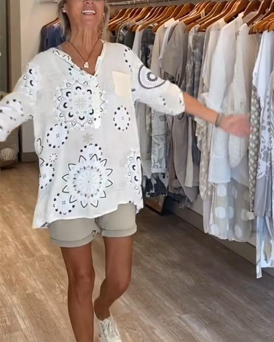 Blouse Polyvalente Col En V Imprimée Manches Mi-Longues