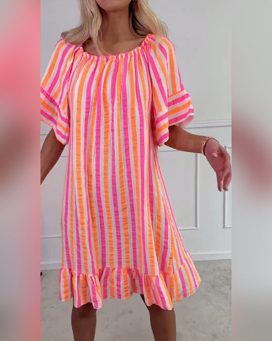 Robe Col Rond Rayée Plissée Coupe Droite