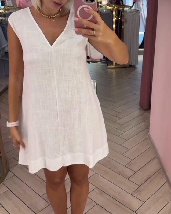 Robe Unie Sans Manches Col V Court
