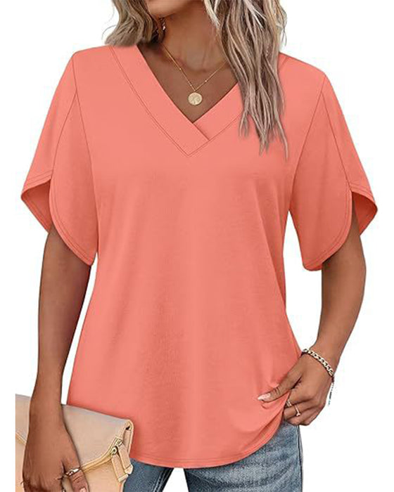 T-Shirt Col En V Petite Fente Manches Courtes Unie