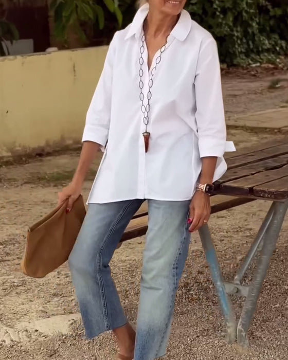 Chemise Décontractée À Revers, Manches Longues