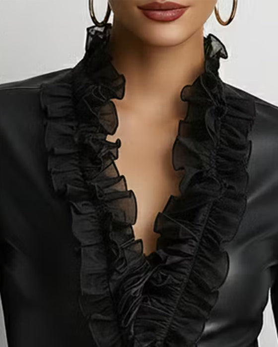 Haut Col V Dentelle Patchwork Tulle