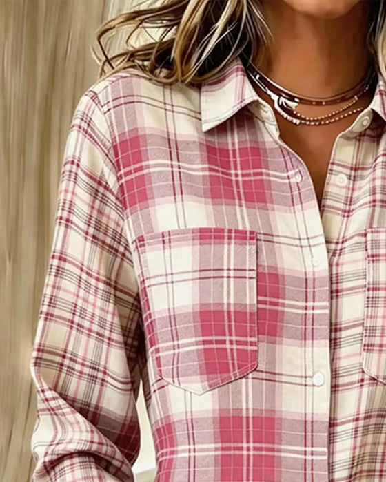 Chemise À Carreaux Bloc De Couleur Manches Longues