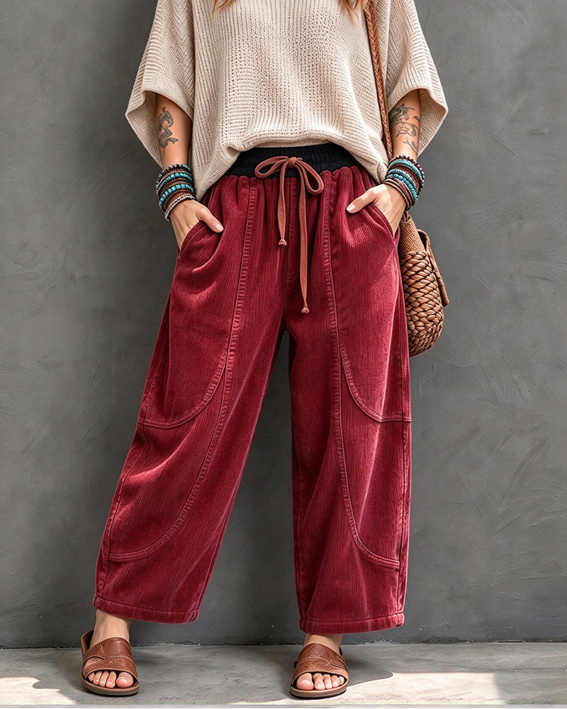 Pantalon Taille Élastique Bloc De Couleur Coupe Courte Jambe Large