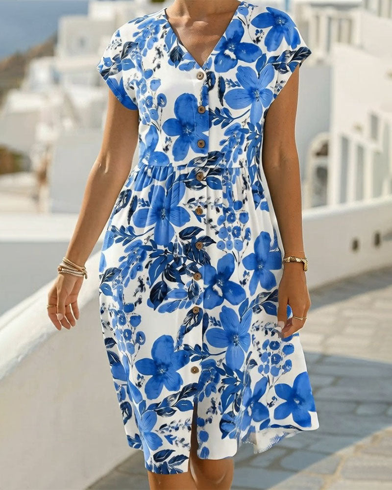Robe Imprimé Floral Col V Manches Courtes