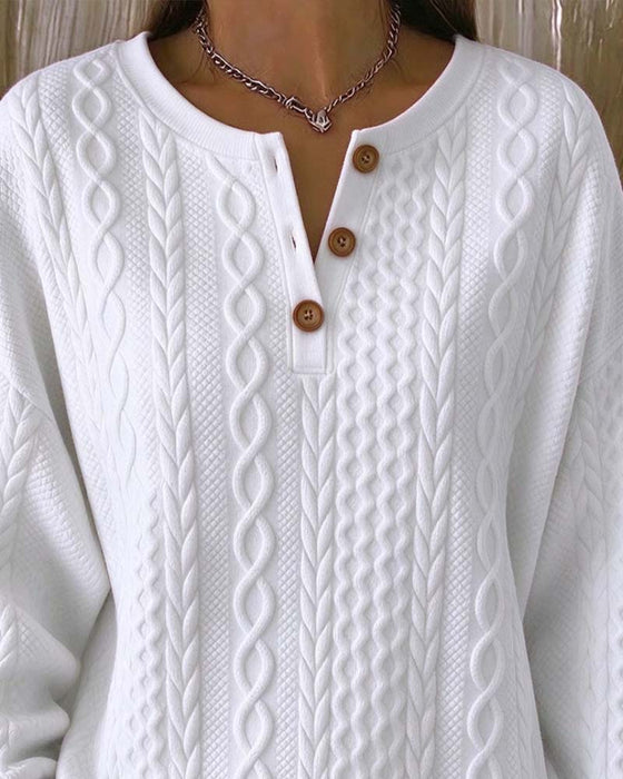 Sweat-Shirt Col V Boutonné Tresse Uni