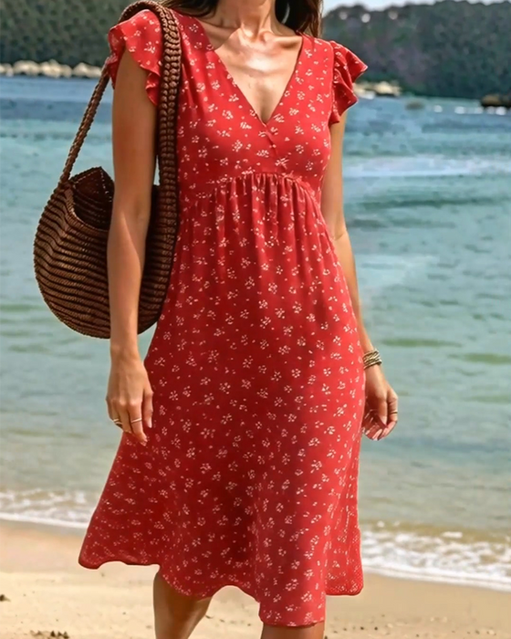 Robe Col V Fleuri Petites Manches Volantes