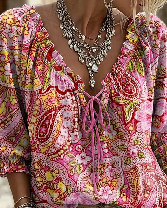 Blouse Col V Cravate Imprimé Manche Ballon