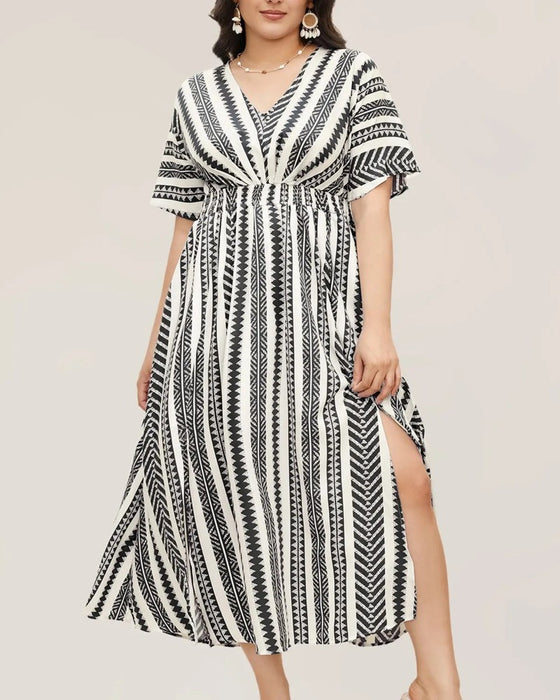 Robe Profond V Bleu Blanc Rayure Géométrique Taille