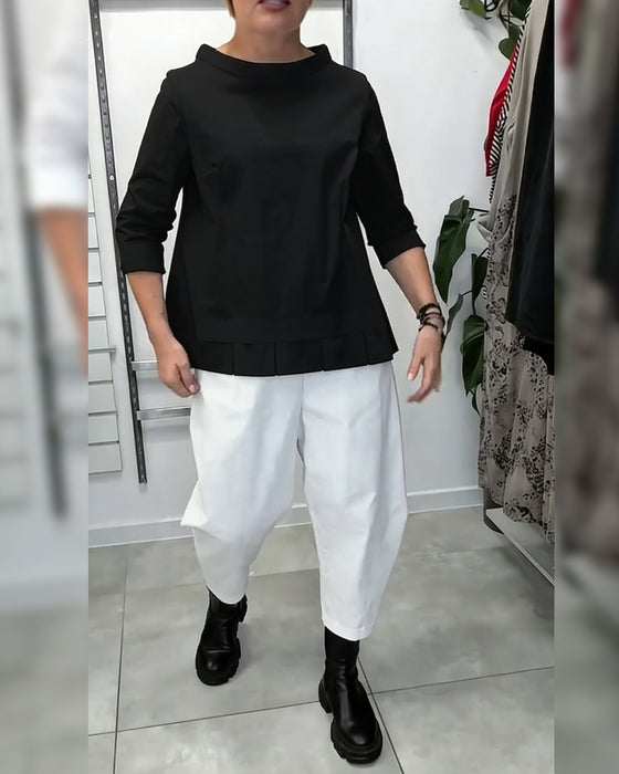 100% Coton Blouse Col Large Couleur Unie Décontracté