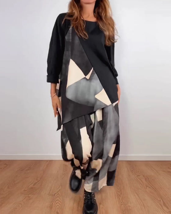 Ensemble Deux-Pièces Imprimé Géométrique Décontracté Pantalon Large