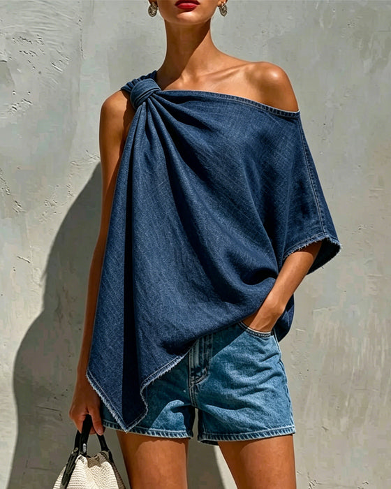Blouse Denim Nœud Une Épaule