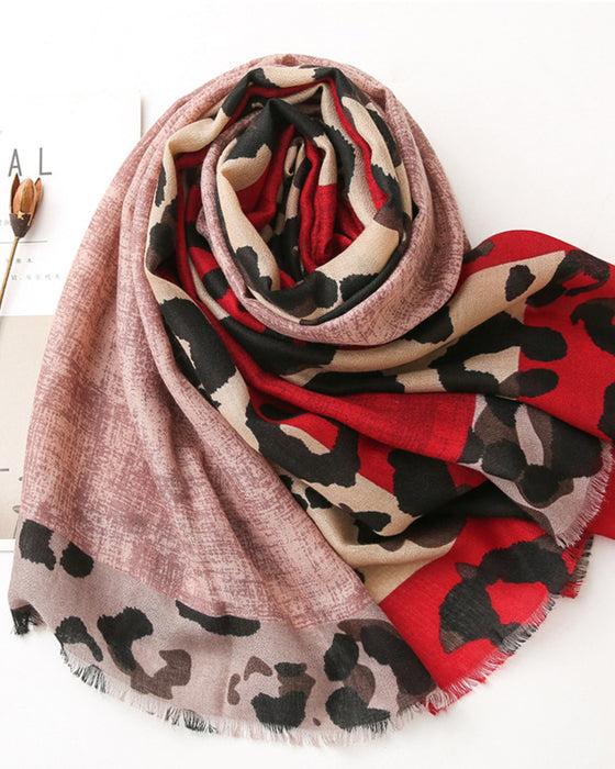 Écharpe Femme Léopard Patchwork Imprimé Franges Châle