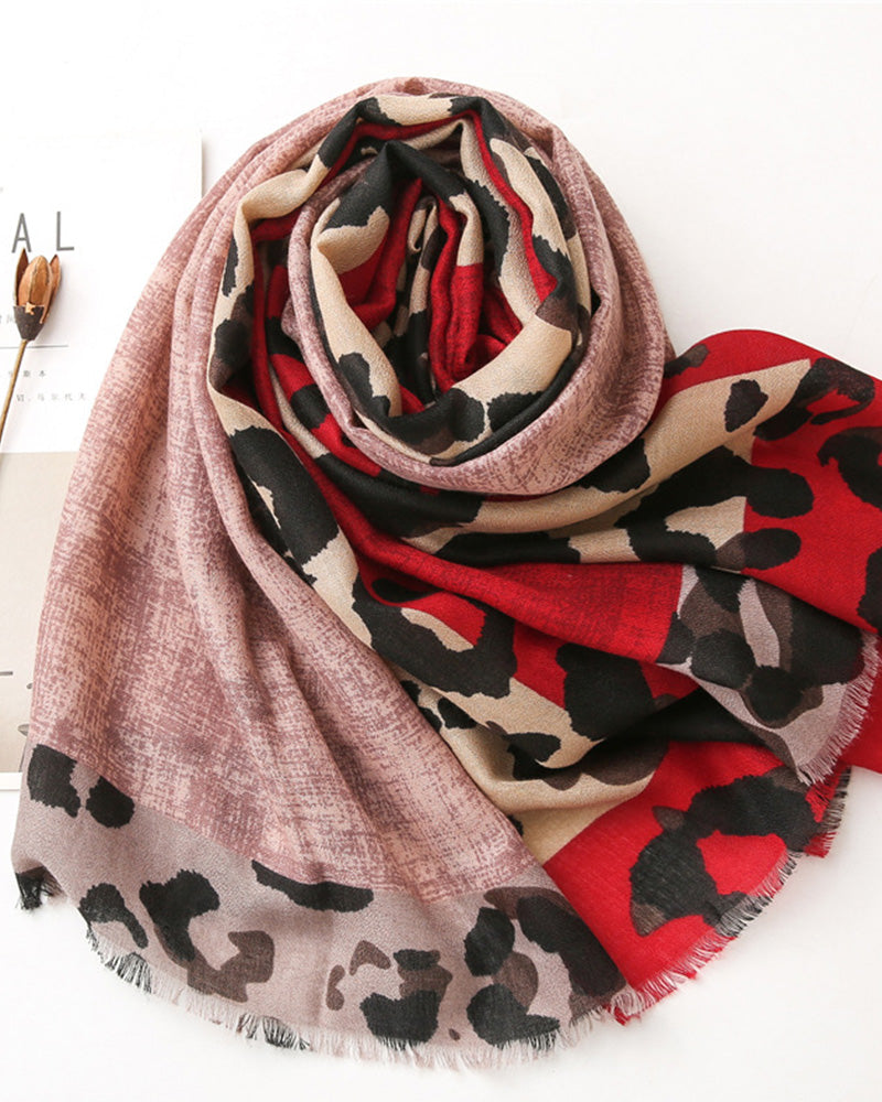 Écharpe Femme Léopard Patchwork Imprimé Franges Châle