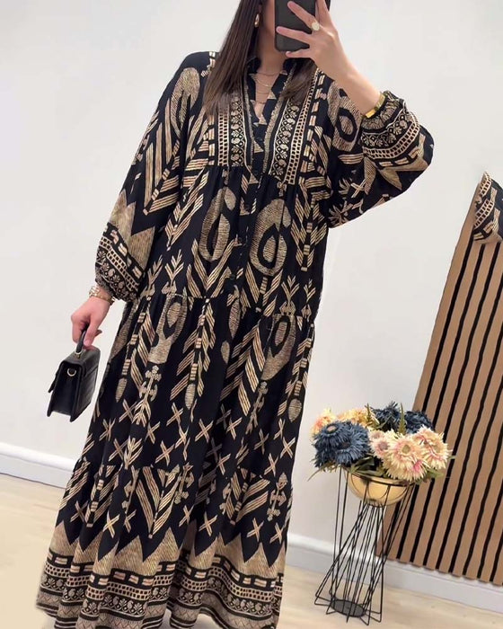 Robe imprimée à manches longues et col V