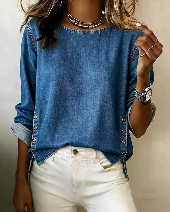 Blouse Col Rond Fente Latérale Bouton