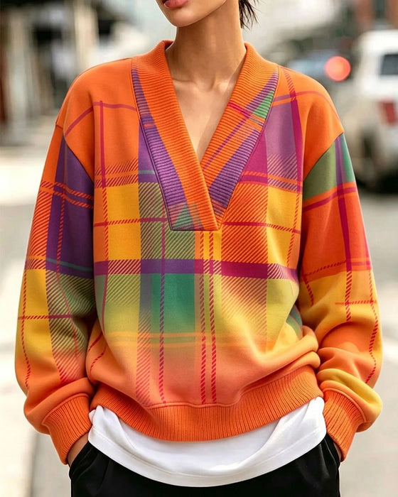 Sweatshirt Col V Carreau Décontracté