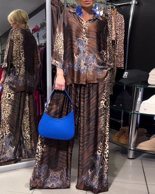 Ensemble Élégant Imprimé Léopard Pantalon Large